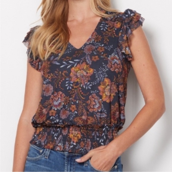 Evereve Tinslee Floral Blouse Smocked Mesh Top Sz Medium - Picture 1 of 14